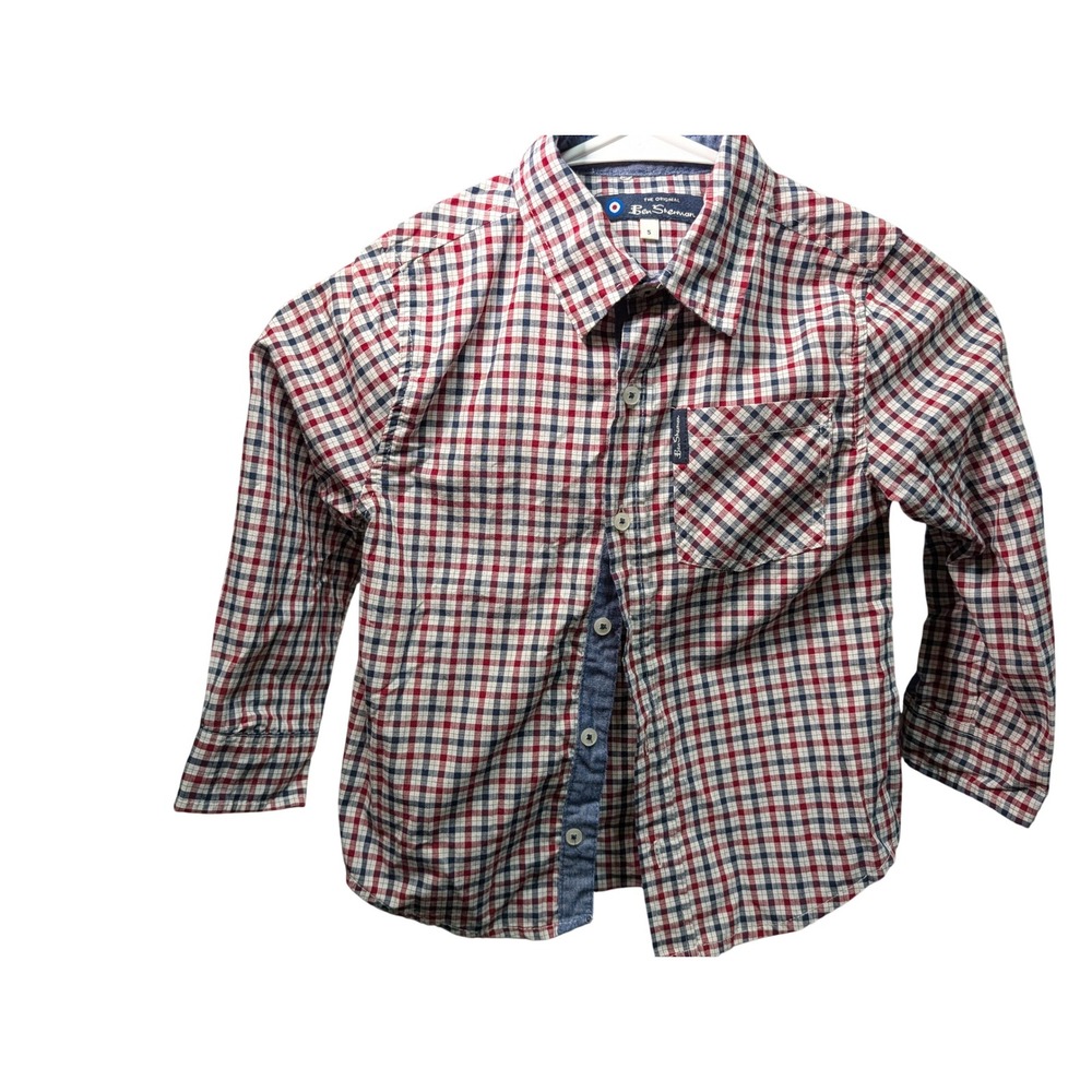 Ben Sherman Button Down Shirt Kids 5 Red Blue Plaid Excellent Long Sleeve Mod